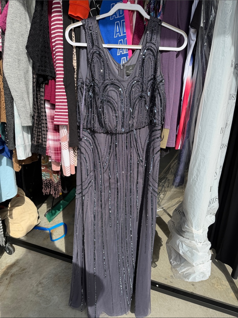 Adrianna Papell Beaded Charcoal Gray Maxi Dress